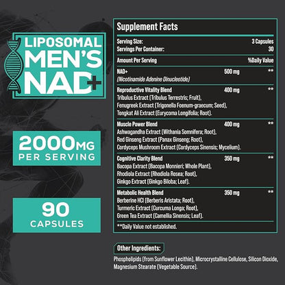2000MG NAD+ Supplement for Men, Liposomal NAD+ for Cellular Energy, Brain, Muscle, Repair, 5-in-1 Formula NAD+, 99% Absorption, NAD+ Supplement Pure Organic, Made in USA, 90 Vegan Capsules