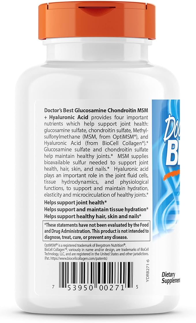 Doctor's Best Glucosamine Chondroitin MSM + Hyaluronic Acid with OptiMSM Featuring Biocell Collagen, Joint Support, Non-GMO, Gluten & Soy Free, 150 Caps