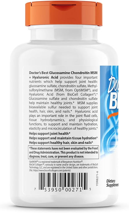 Doctor's Best Glucosamine Chondroitin MSM + Hyaluronic Acid with OptiMSM Featuring Biocell Collagen, Joint Support, Non-GMO, Gluten & Soy Free, 150 Caps