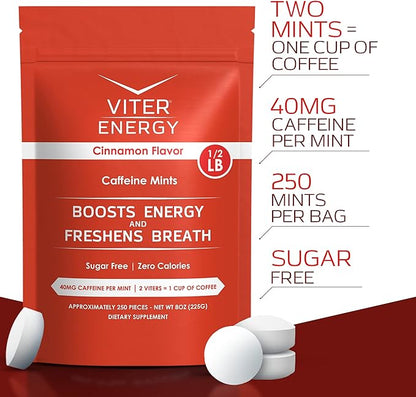 Viter Energy Caffeinated Mints 40mg Caffeine, B Vitamins, Sugar Free. (Cinnamon, 8oz, Bulk Bag)