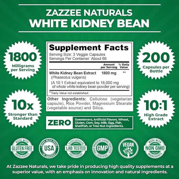 Zazzee White Kidney Bean 10:1 Extract, 18,000 mg Strength, 200 Vegan Capsules, Over 2 Month Supply, Standardized and Concentrated 10X Extract, 100% Vegetarian, All-Natural and Non-GMO