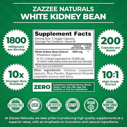 Zazzee White Kidney Bean 10:1 Extract, 18,000 mg Strength, 200 Vegan Capsules, Over 2 Month Supply, Standardized and Concentrated 10X Extract, 100% Vegetarian, All-Natural and Non-GMO