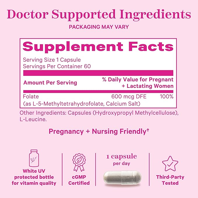 Pink Stork Folate: Methyl Folate - MTHFR Acid, Natural Form of Folic Acid for Pregnancy, Formulated for Mom + Baby, Women-Owned, 60 Capsules (Packaging May Vary)