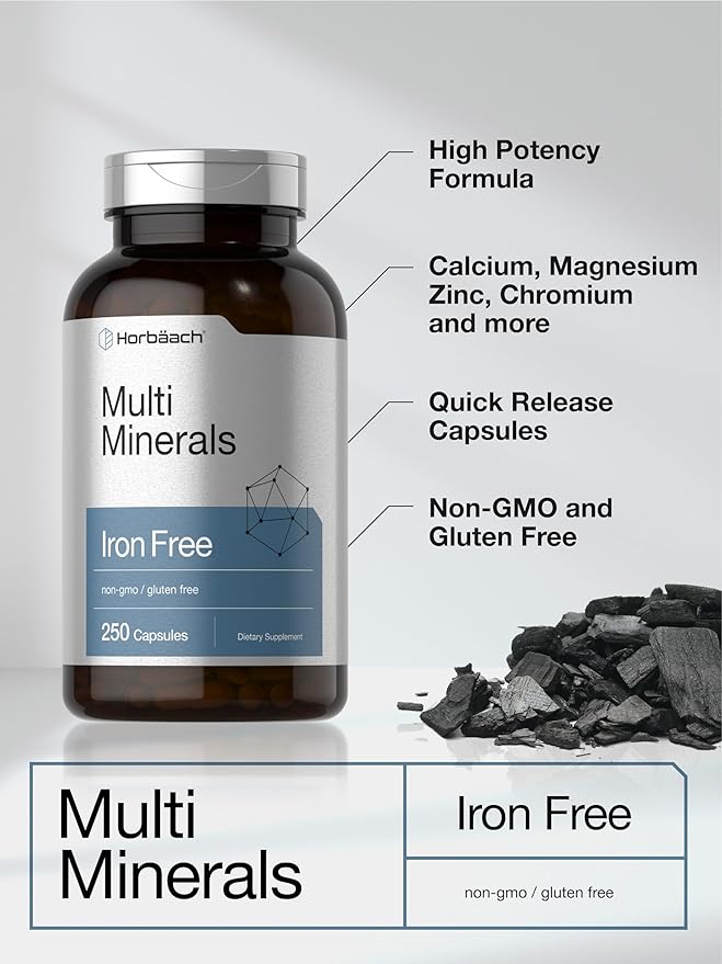 Horbäach Multi Minerals Supplement | 250 Capsules | Iron Free | Daily Mineral Complex for Men and Women | Non-GMO & Gluten Free