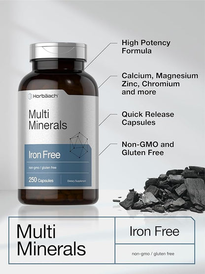 Horbäach Multi Minerals Supplement | 250 Capsules | Iron Free | Daily Mineral Complex for Men and Women | Non-GMO & Gluten Free
