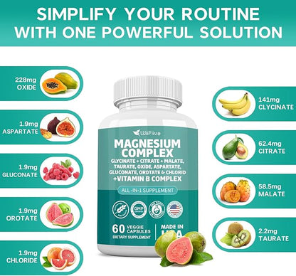 Magnesium Complex Supplement, Clycinate 141mg Oxide 228mg Malate 58.5mg Citrate 62.4mg with Orotate Glycina Taurate Chloride Aspartate Gluconate Vitamin B, Max Absorption, Gluten-Free, Non-GMO