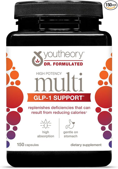Youtheory High Potency Multi GLP-1 Support - High Absorption Multivitamins - for Immune Support & Bone Health - Gentle on Stomach - Vitamin D, C, Iron & More - 150 Vegetarian Capsules