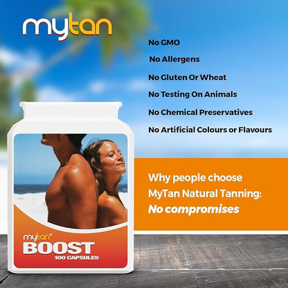 Boost Tan Pills | 100 Capsules | Sun Tan Accelerator | Natural Tanning Supplement | Tyrosine, Copper Multivitamin | 25-Day Extended Holiday Supply