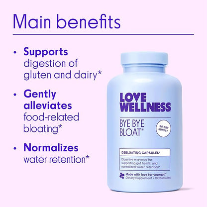 Love Wellness Bye Bye Bloat, Digestive Enzymes | Bloating Relief for Women | Help Reduce Gas Relief & Water Retention | Supports Digestive Health with Fenugreek & Dandelion | 180 Count