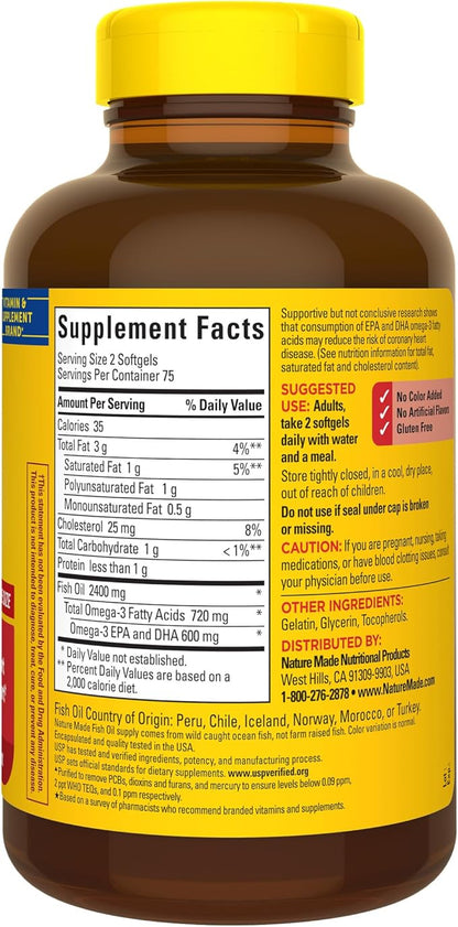 Nature Made Fish Oil 1200 mg Softgels, Fish Oil Supplements, Omega 3 Fish Oil for Healthy Heart Support, Omega 3 Supplement with 150 Softgels, 75 Day Supply