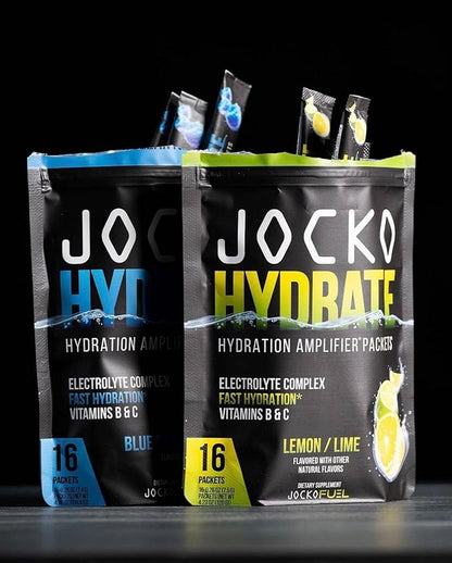 Jocko Fuel Hydrate Electrolytes Powder Packets Low Sugar - Hydration Amplifier Packets for Recovery, Dehydration, & Exercise - with Vitamins B6, B12 & C (16 Packets) Blue Raspberry