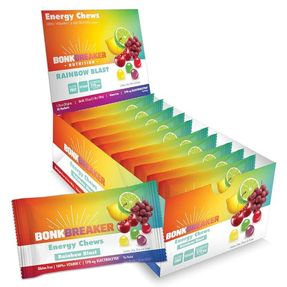 Bonk Breaker Energy Chews, Dairy-Free, Gluten-Free Ingredients to Provide Quick Energy and Focus, 1 Box of 10 Packets, Rainbow Blast