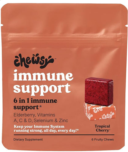 Chewsy 6-in-1 Immune Support Supplement Fruity Chews with Elderberry, Vitamin C, A & D, Zinc & Selenium - 6-Day Supply, Individually Wrapped Immunity Vitamins Chews for Adults and Kids