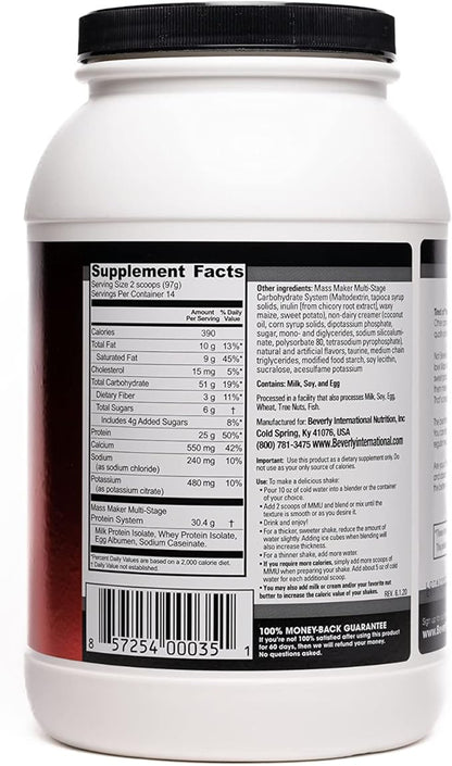 Beverly International Mass Maker Ultra Vanilla, 14 Servings, 3lb. Build Lean Mass Like a Pro!! Milk Protein Isolate, Whey Protein Isolate + Egg. MCT Oil. Clean Carbs, Great taste!