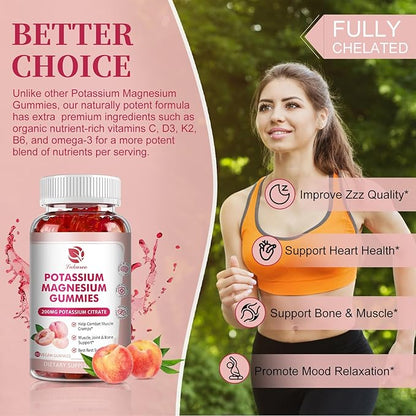 Potassium Magnesium Gummies - High Absorption Magnesium Glycinate 500mg & Potassium Citrate 200mg Plus Omega 3, B6, D3, K2 & Calcium - Chewable Gummy for Leg Cramps, Immunity & Energy - 60 Count