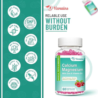 Calcium Magnesium Zinc Gummies with Vitamin D3, Sugar Free Calcium Magnesium Supplement for Bone & Teeth Strength, Muscle Function - Vegan, Raspberry Flavor, 120 Count