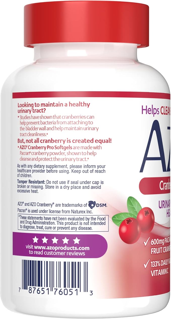 AZO Cranberry Pro Urinary Tract Health Supplement 600mg PACRAN, 1 Serving : More Than 1 Glass of Cranberry Juice, Sugar Free Cranberry Pills, Non-GMO 100 Softgels (Pack of 2)