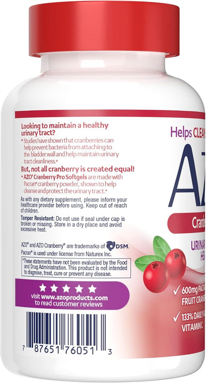 AZO Cranberry Pro Urinary Tract Health Supplement 600mg PACRAN, 1 Serving : More Than 1 Glass of Cranberry Juice, Sugar Free Cranberry Pills, Non-GMO 100 Softgels (Pack of 2)