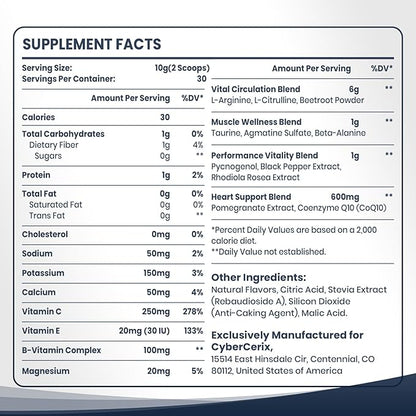 Nitric Oxide Supplement for Men - Extra Strength Nitric Oxide Booster Powder for Heart, Circulation, Blood Flow, Energy, Endurance - 10g Per Serving, 30 Servings