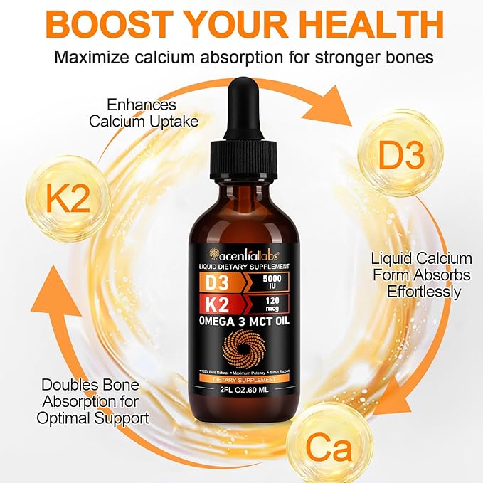 Vitamin D3 K2 Drops w MCT Oil Omega 3, 4-in-1 Support, 5000 IU of Vitamin D3 and 120 mcg of Vitamin K2. Liquid D3 for Body’s Defenses & Faster Absorption, Unflavored