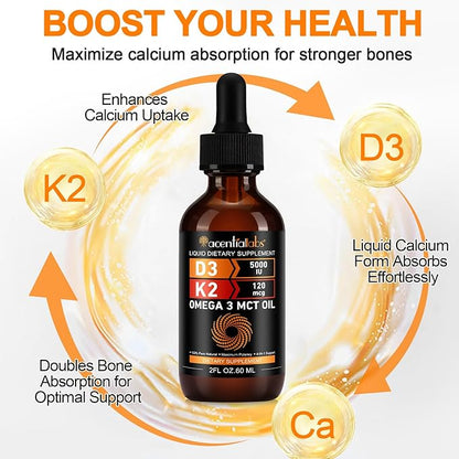 Vitamin D3 K2 Drops w MCT Oil Omega 3, 4-in-1 Support, 5000 IU of Vitamin D3 and 120 mcg of Vitamin K2. Liquid D3 for Body’s Defenses & Faster Absorption, Unflavored