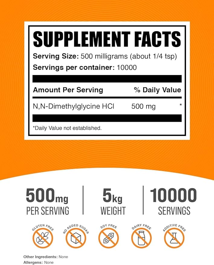 BulkSupplements.com DMG HCl Powder - N,N-Dimethylglycine HCl, DMG Supplements, DMG 500mg, DMG Dimethylglycine Powder - Gluten Free, 500mg per Serving, 5kg (11 lbs) (Pack of 5)