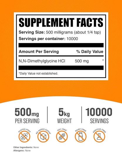 BulkSupplements.com DMG HCl Powder - N,N-Dimethylglycine HCl, DMG Supplements, DMG 500mg, DMG Dimethylglycine Powder - Gluten Free, 500mg per Serving, 5kg (11 lbs) (Pack of 5)