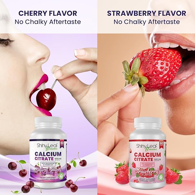 Shiny Leaf Bariatric Calcium Citrate 600mg - Supplement for Bariatric Surgery Patients, 2 x 60 Ct Chewable Calcium Tablets with Magnesium, Vitamin D3, Vegetarian - Cherry & Strawberry Flavors