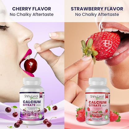 Shiny Leaf Bariatric Calcium Citrate 600mg - Supplement for Bariatric Surgery Patients, 2 x 60 Ct Chewable Calcium Tablets with Magnesium, Vitamin D3, Vegetarian - Cherry & Strawberry Flavors