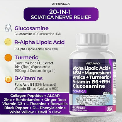 Sciatica Nerve Health Support - Sciatic Nerve Supplement Capsules with Folic Acid, Pea, Glucosamine, MSM, Vitamin B Complex, Alpha Lipoic Acid 300mg - Made in USA (60 Count (Pack of 2))