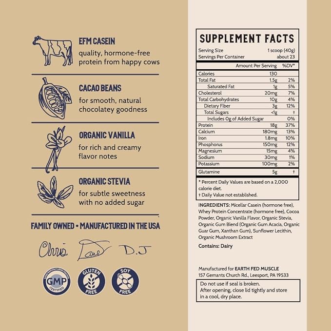 Earth Fed Muscle Nocturnal Casein/Whey Protein Blend. Helps Keep You Full, Overnight Muscle Recovery, Rich Dark Chocolate Flavor - 18g Protein, 23 Servings - Sugar Free, Keto, Soy Free, Gluten Free.