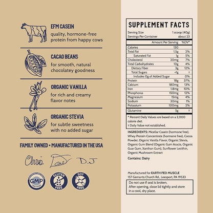 Earth Fed Muscle Nocturnal Casein/Whey Protein Blend. Helps Keep You Full, Overnight Muscle Recovery, Rich Dark Chocolate Flavor - 18g Protein, 23 Servings - Sugar Free, Keto, Soy Free, Gluten Free.