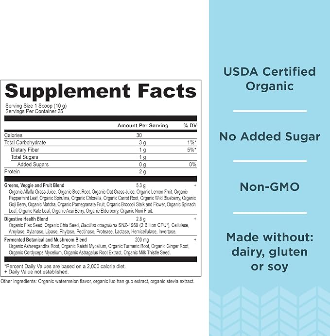ANCIENT NUTRITION Organic SuperGreens Powder with Probiotics, Peppermint, Made from Real Fruits & Vegetables, Digestive & Energy Support, 25 Servings