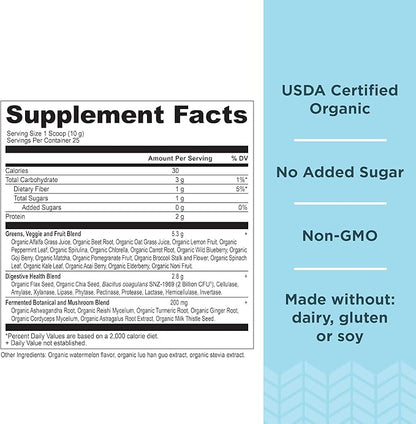 ANCIENT NUTRITION Organic SuperGreens Powder with Probiotics, Peppermint, Made from Real Fruits & Vegetables, Digestive & Energy Support, 25 Servings