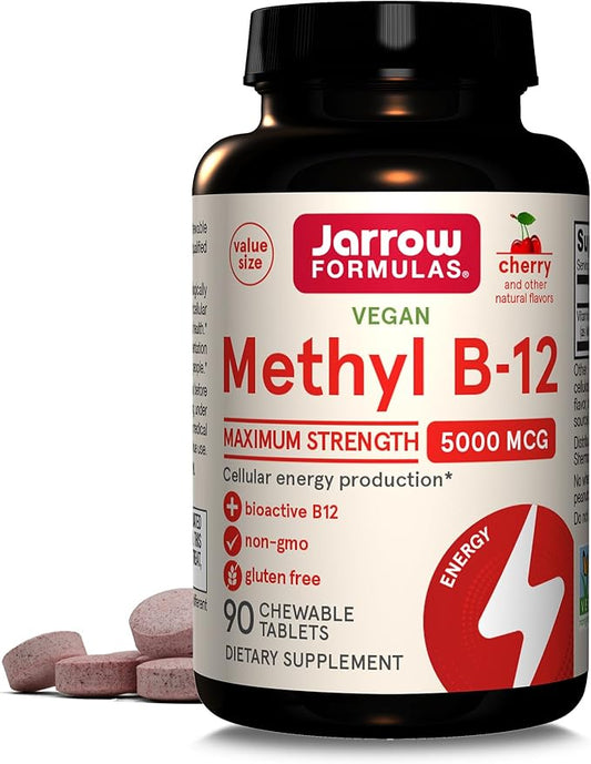 Jarrow Formulas Maximum Strength Methyl B-12 5000 mcg - Dietary Supplement - 90 Cherry Flavored Chewable Tablets - Bioactive Vitamin B-12 - Supports Cellular Energy Production, Sleep & Brain Health