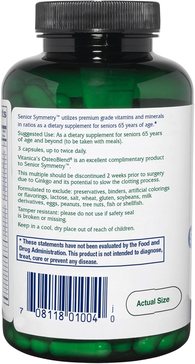 Vitanica, Senior Symmetry, 65 Years and Up Multivitamins and Minerals, Vegan, 180 Capsules