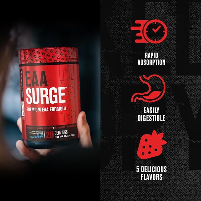 Jacked Factory EAA Surge Essential Amino Acids Powder - EAAS & BCAA Intra Workout Supplement w/L-Citrulline, Taurine, & More for Muscle Building, Strength, Endurance, Recovery - Pineapple, 20sv