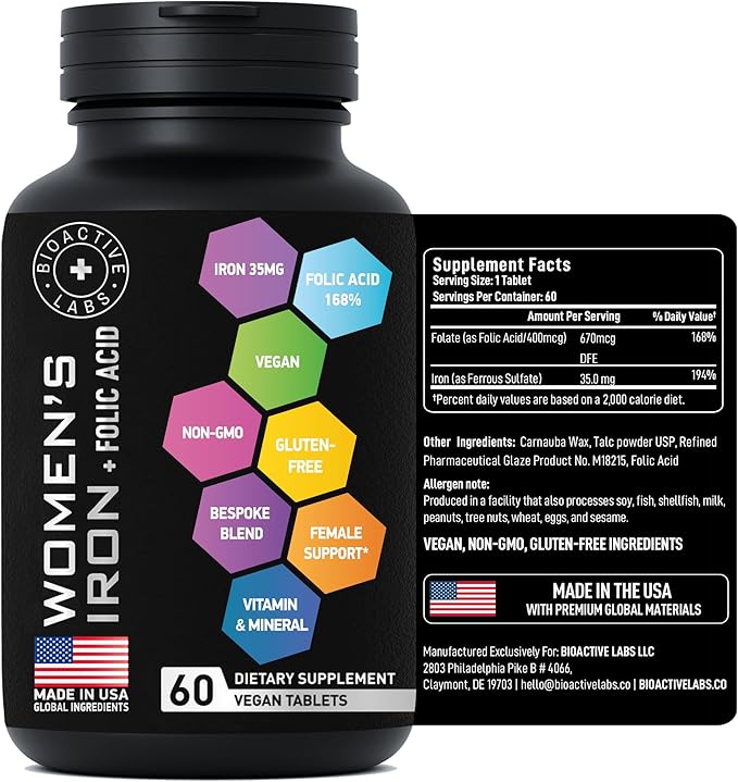 Vegan Iron Supplements for Women with Folic Acid - 168% Folate Folic Acid, 194% Ferrous Sulfate Blood Builder Iron Pills for Women with Anemia and Pregnant Women - 60 Gluten-Free Gentle Iron Tablets