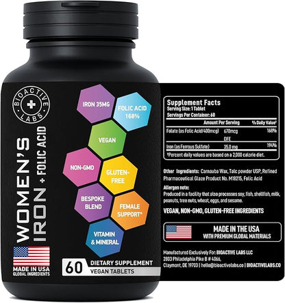 Vegan Iron Supplements for Women with Folic Acid - 168% Folate Folic Acid, 194% Ferrous Sulfate Blood Builder Iron Pills for Women with Anemia and Pregnant Women - 60 Gluten-Free Gentle Iron Tablets