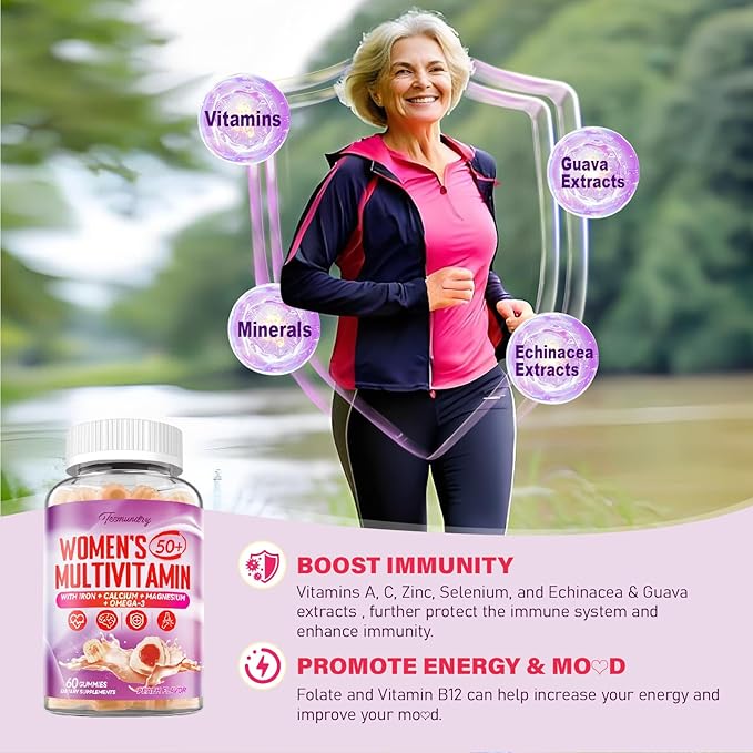 Multivitamin Gummies for Women 50 Plus - with Omega 3, Coenzyme Q10, Iron, Calcium, Zinc, Vitamin A, C, D3, E, K2, B Complex, Folate - Multi Vitamins & Minerals for Energy, Immunity, Eye, Skin