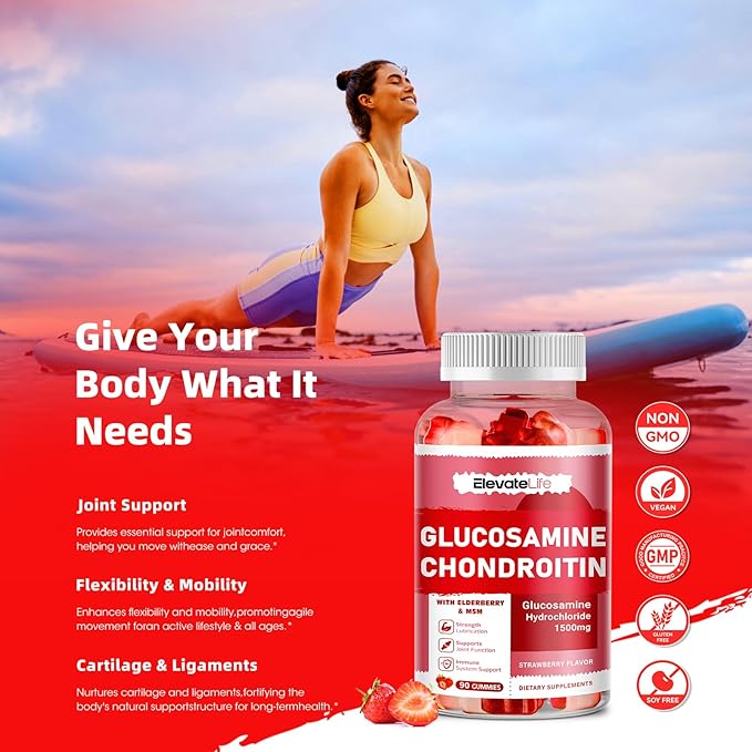 Glucosamine Chondroitin Gummies - Extra Strength Joint Support Supplement with MSM & Elderberry for Natural Joint, Antioxidant Immune Support for Adults, Men & Women 90 Strawberry Gummies
