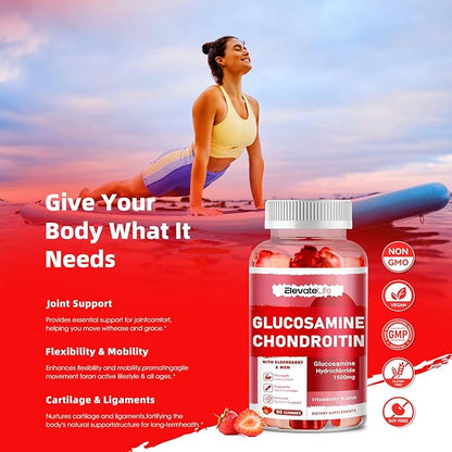 Glucosamine Chondroitin Gummies - Extra Strength Joint Support Supplement with MSM & Elderberry for Natural Joint, Antioxidant Immune Support for Adults, Men & Women 90 Strawberry Gummies