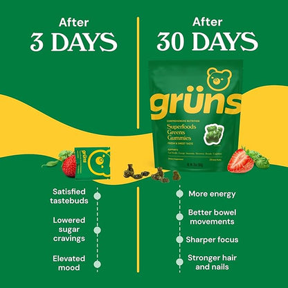 Gruns Adults Super Greens Gummies, Superfood Gummy Bears with Spirulina, Chlorella & Prebiotics for Digestive Health - Adaptogens Supplement with 20 Vitamins & Minerals, Low Sugar- 1 Month Supply