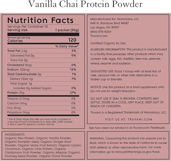 Truvani Vegan Pea Protein Powder | Vanilla Chai | 20g Organic Plant Based Protein | 10 Travel Packets | Keto | Gluten & Dairy Free | Low Carb | No Added Sugar