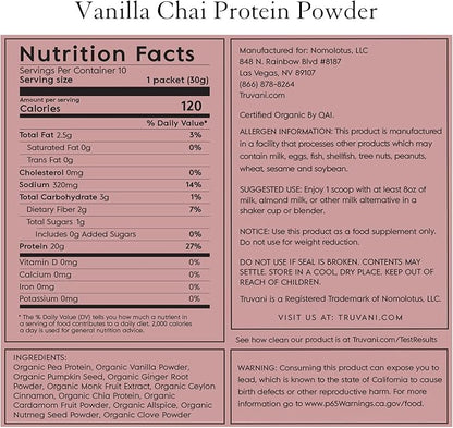 Truvani Vegan Pea Protein Powder | Vanilla Chai | 20g Organic Plant Based Protein | 10 Travel Packets | Keto | Gluten & Dairy Free | Low Carb | No Added Sugar