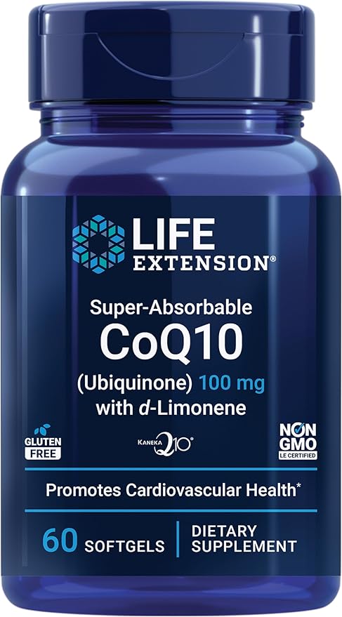 Life Extension Super-Absorbable CoQ10 (Ubiquinone) with d-Limonene – Heart Health, Fight General Fatigue, Better Absorption – Gluten-Free, Non-GMO – 60 Softgels