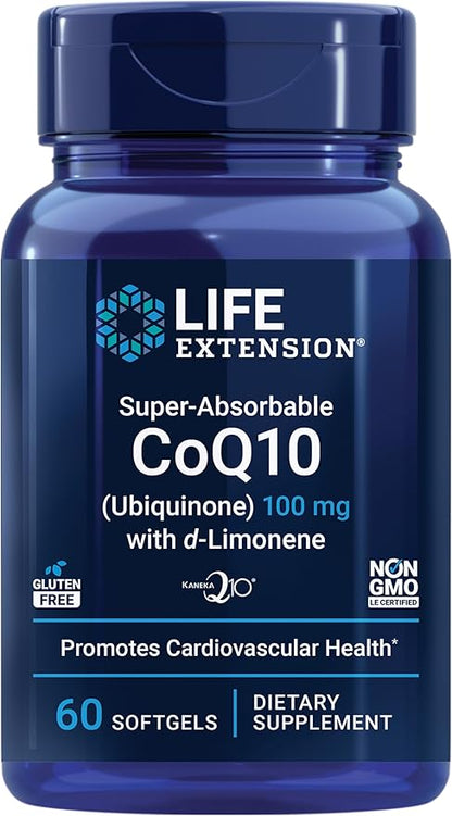 Life Extension Super-Absorbable CoQ10 (Ubiquinone) with d-Limonene – Heart Health, Fight General Fatigue, Better Absorption – Gluten-Free, Non-GMO – 60 Softgels