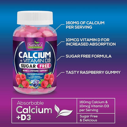 Sugar Free Calcium Gummy Bites Plus 400 IU Vitamin D3, Bone Health & Immune Support, Supports Bone Strength - Chewable Calcium Nutrition Supplement, Non-GMO, Berry Flavor Chews - 120 Gummies
