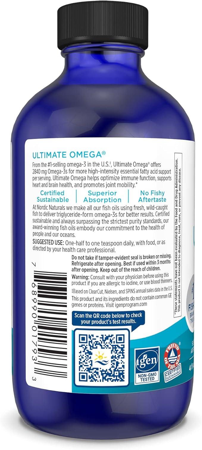 Nordic Naturals Ultimate Omega Liquid, Lemon Flavor - 4 oz - 2840 mg Omega-3 - High-Potency Omega-3 Fish Oil Supplement with EPA & DHA - Promotes Brain & Heart Health - Non-GMO - 24 Servings
