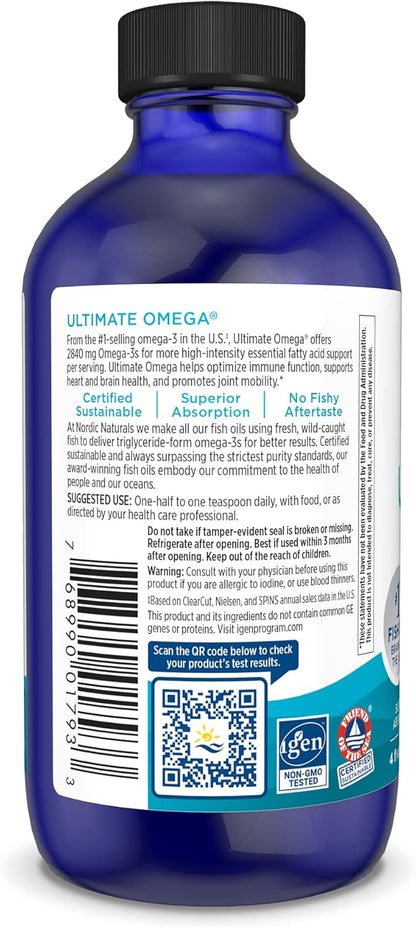Nordic Naturals Ultimate Omega Liquid, Lemon Flavor - 4 oz - 2840 mg Omega-3 - High-Potency Omega-3 Fish Oil Supplement with EPA & DHA - Promotes Brain & Heart Health - Non-GMO - 24 Servings